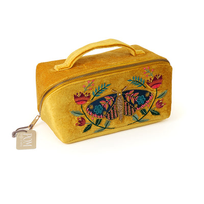 Tiger Moth Mustard velvet embellished floral moth open out make-up bag