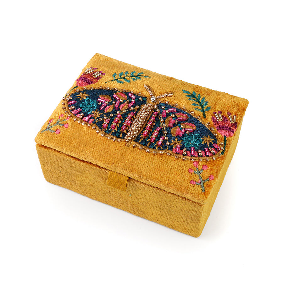 Tiger Moth Mustard velvet embellished floral moth small jewellery box