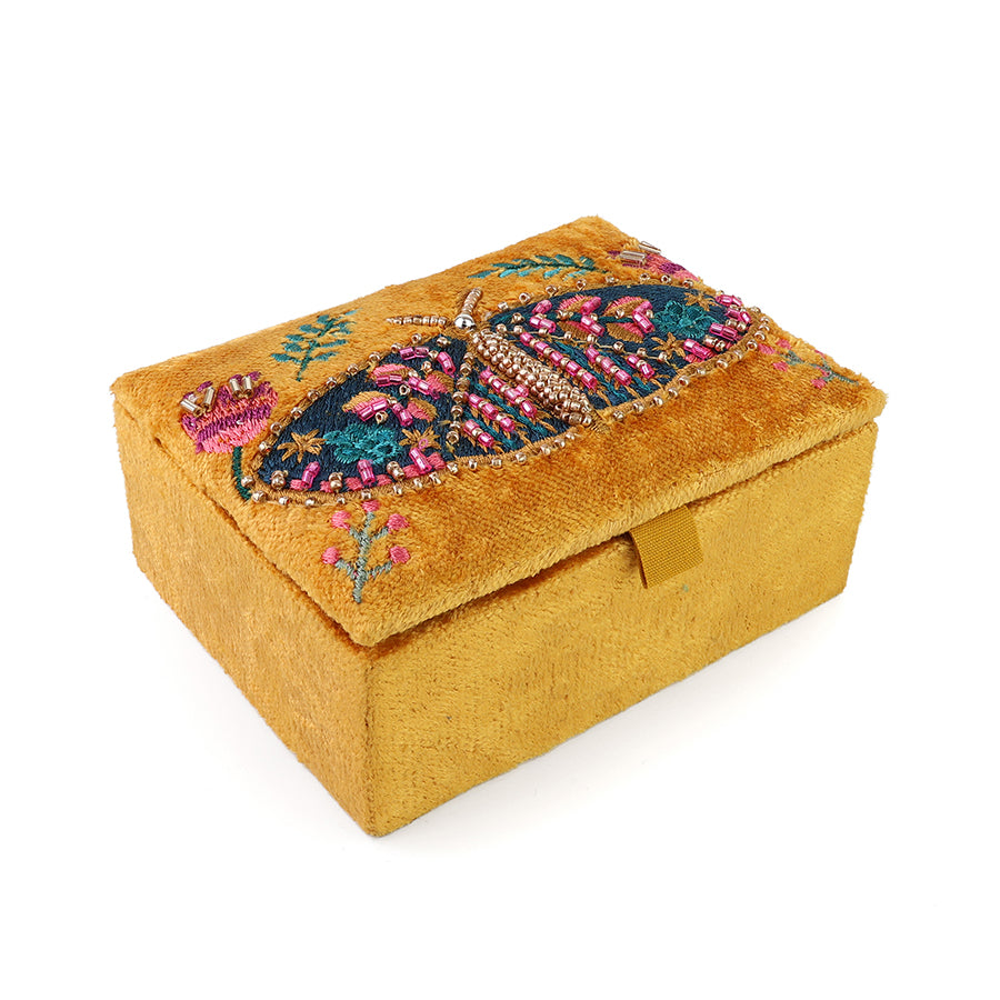 Tiger Moth Mustard velvet embellished floral moth small jewellery box