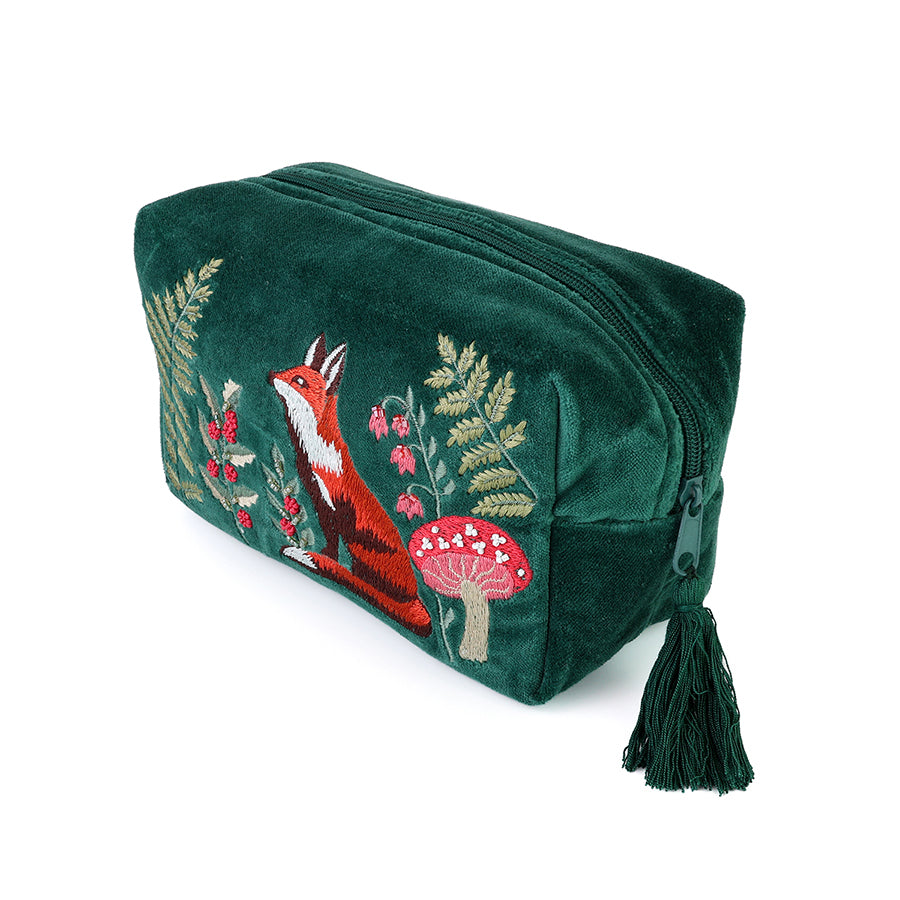 Festive Fox Deep green velvet embroidered woodland fox wash bag