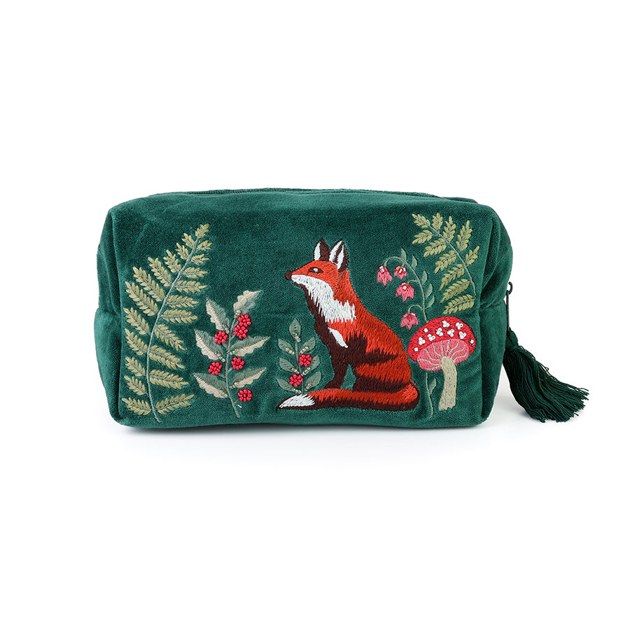 Festive Fox Deep green velvet embroidered woodland fox wash bag
