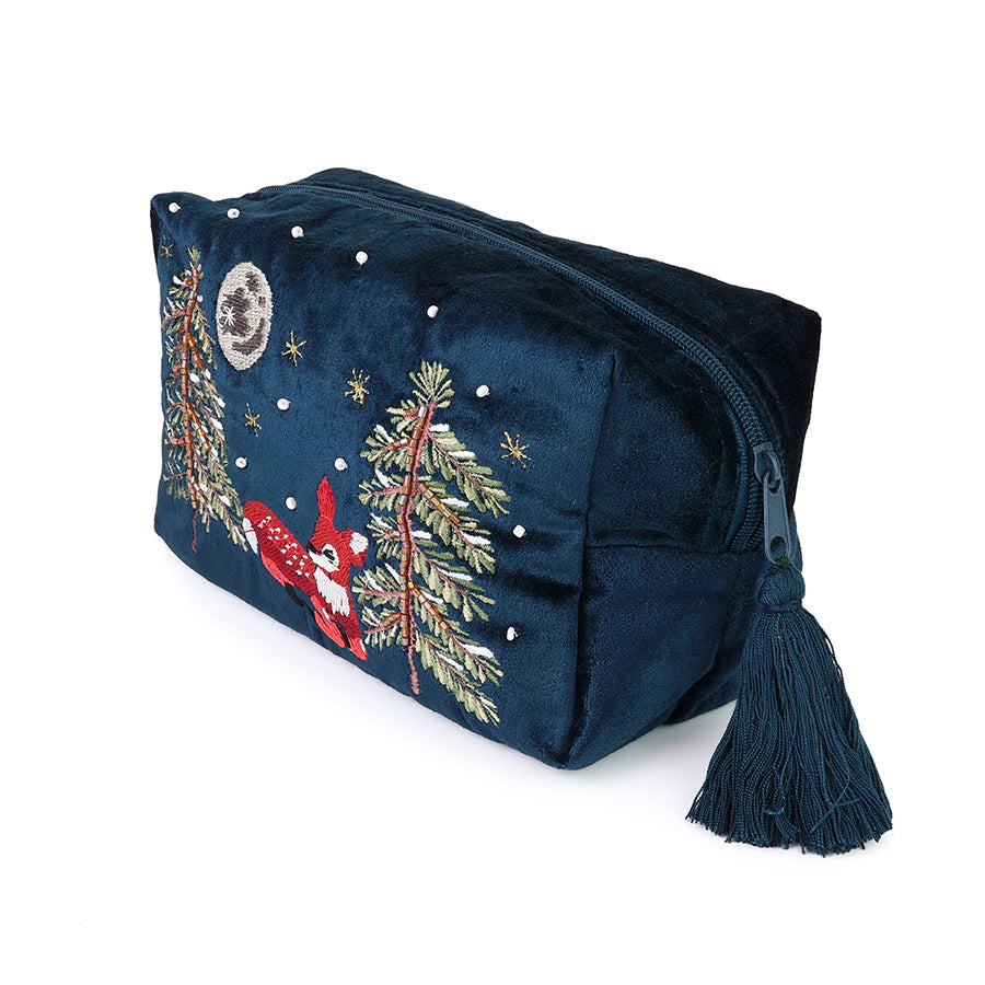 Forest Fawn Navy blue velvet embroidered winter woodland fawn wash bag