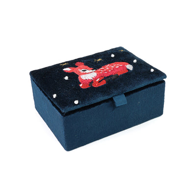 Forest Fawn Navy blue velvet embroidered winter fawn small jewellery box