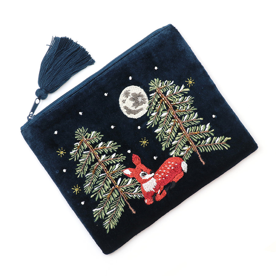 Forest Fawn Navy blue velvet embroidered winter woodland fawn zip purse