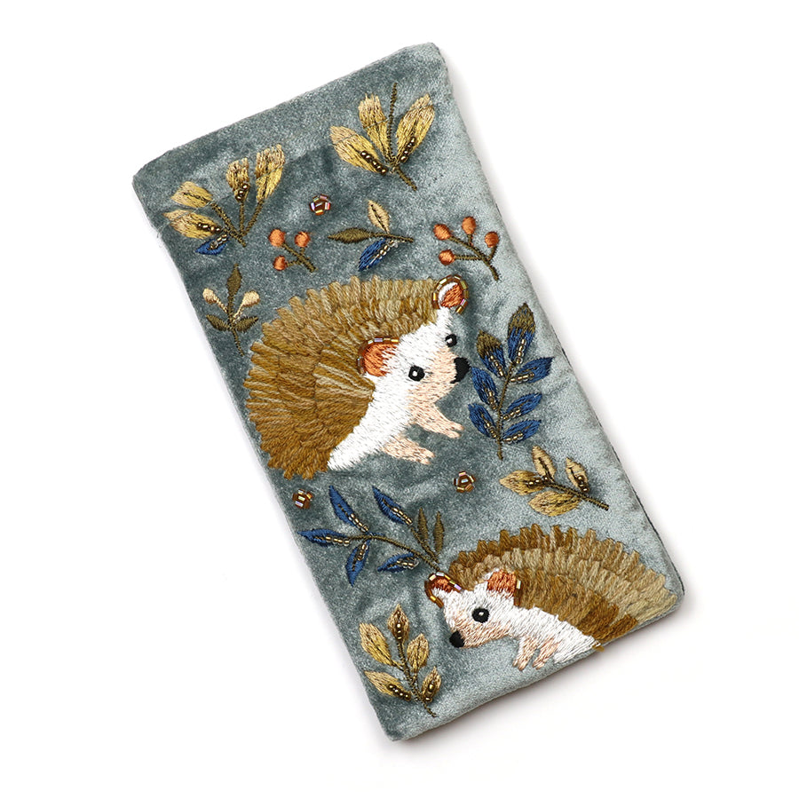 Hedgehogs Blue-grey velvet embellished autumn hedgehog glasses case
