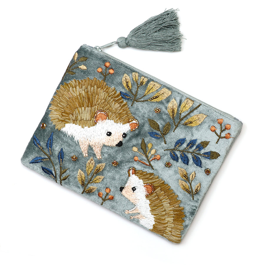 Hedgehogs Blue-grey velvet embellished autumn hedgehog zip purse