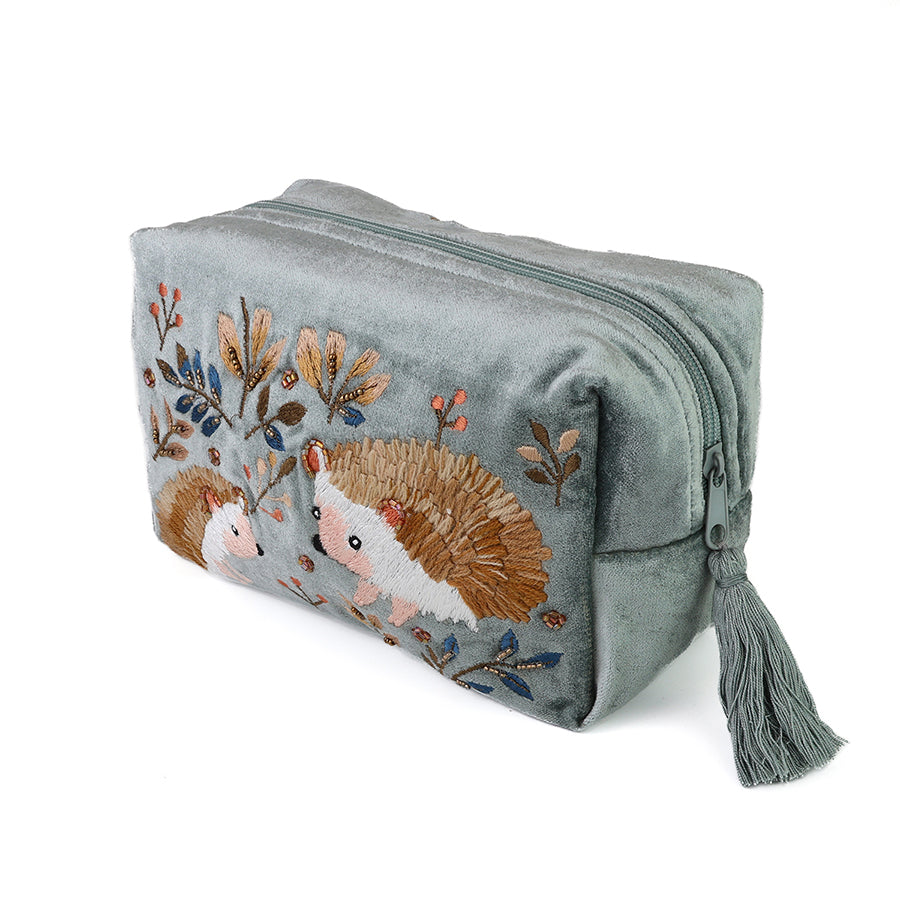 Hedgehogs Blue-grey velvet embellished autumn hedgehog wash bag