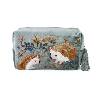 Hedgehogs Blue-grey velvet embellished autumn hedgehog wash bag