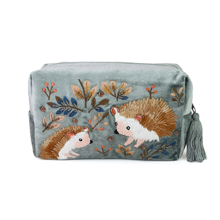 Hedgehogs Blue-grey velvet embellished autumn hedgehog wash bag