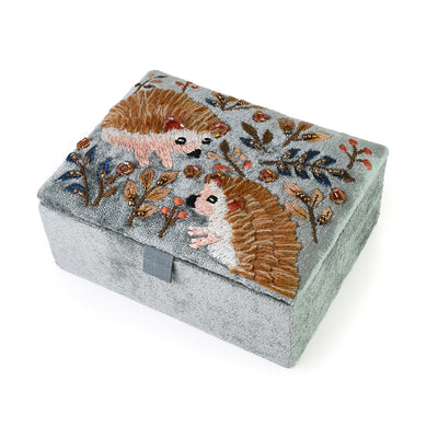 Hedgehogs Blue-grey velvet embellished autumn hedgehog small jewellery box