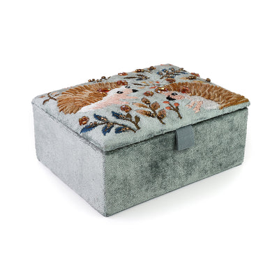 Hedgehogs Blue-grey velvet embellished autumn hedgehog small jewellery box