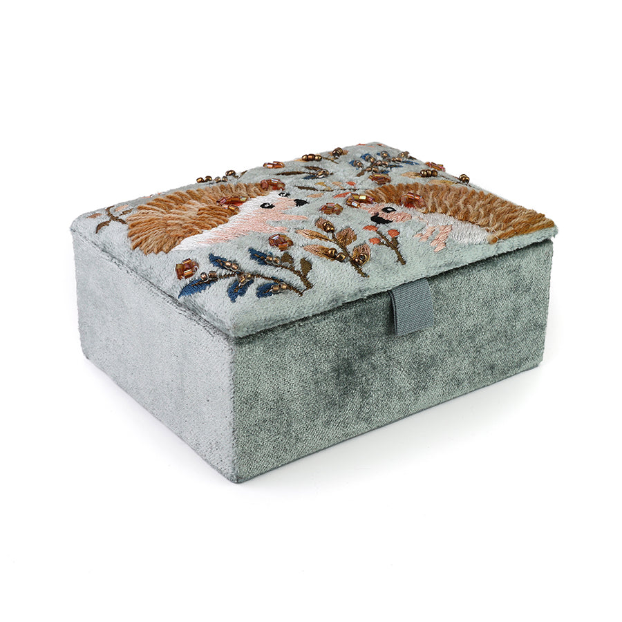 Hedgehogs Blue-grey velvet embellished autumn hedgehog small jewellery box