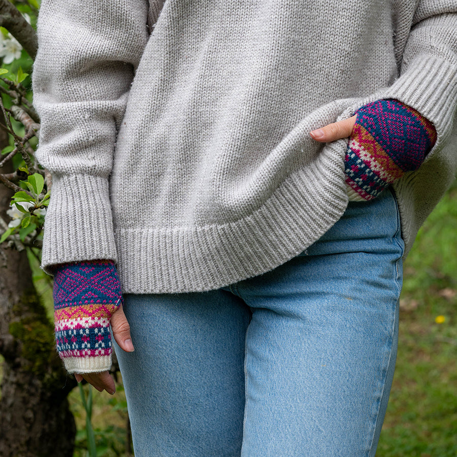 Cream, blue and red mix fair isle wrist warmers