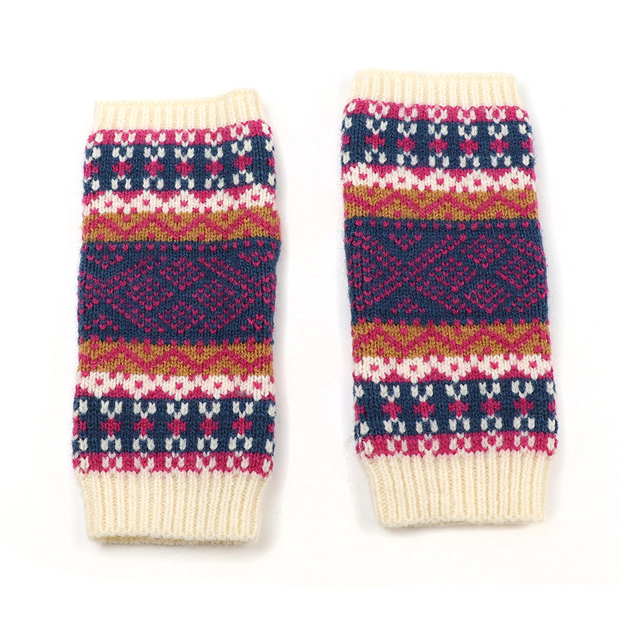Cream, blue and red mix fair isle wrist warmers