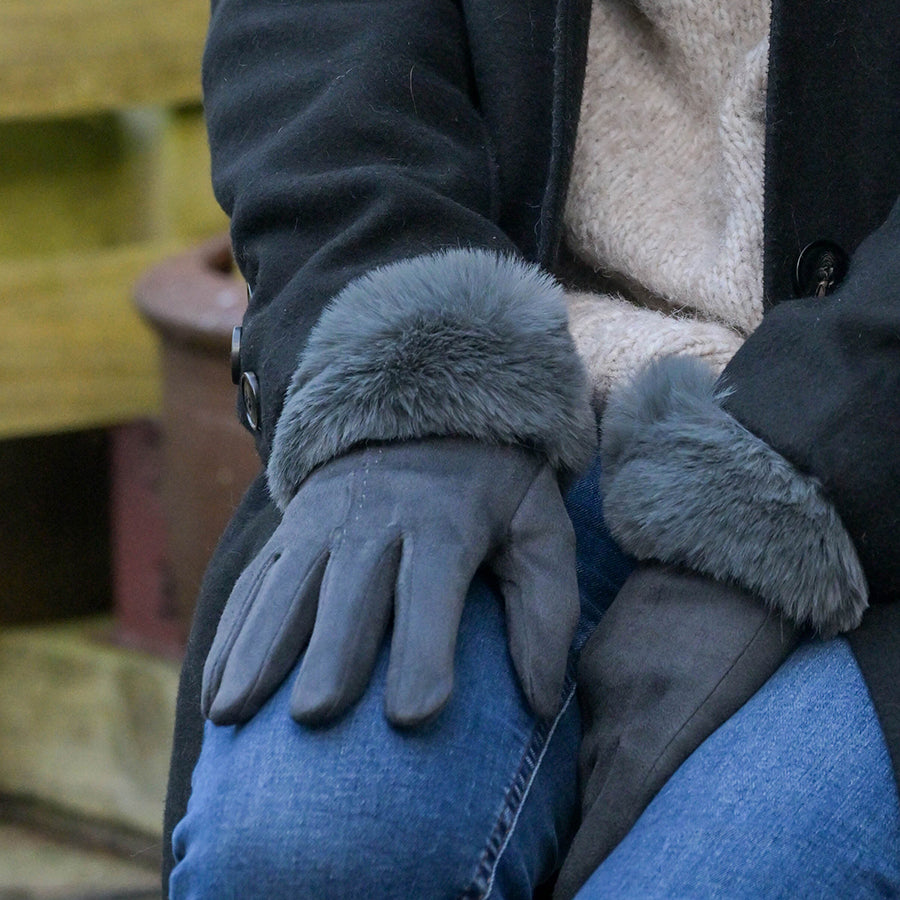 Dark grey faux suede and faux fur cuff gloves