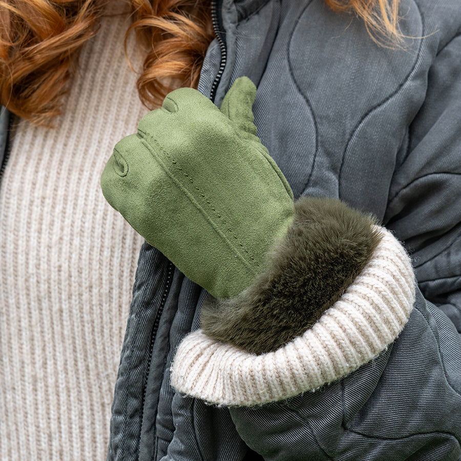 Olive faux suede and faux fur cuff gloves