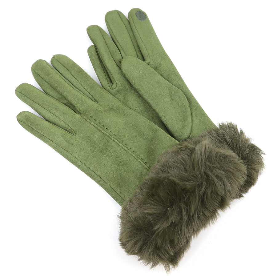 Olive faux suede and faux fur cuff gloves