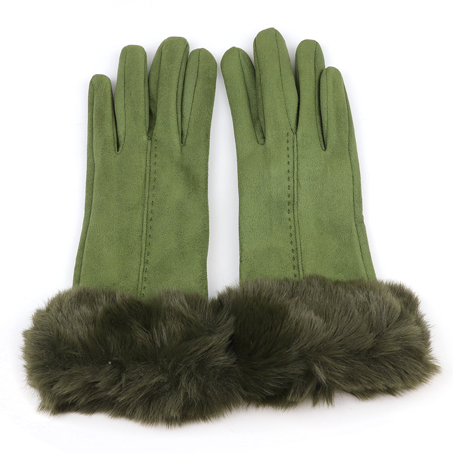Olive faux suede and faux fur cuff gloves