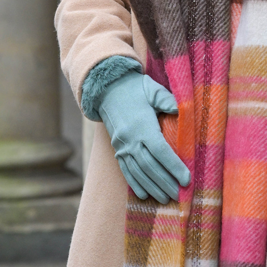 Seafoam faux suede and faux fur cuff gloves