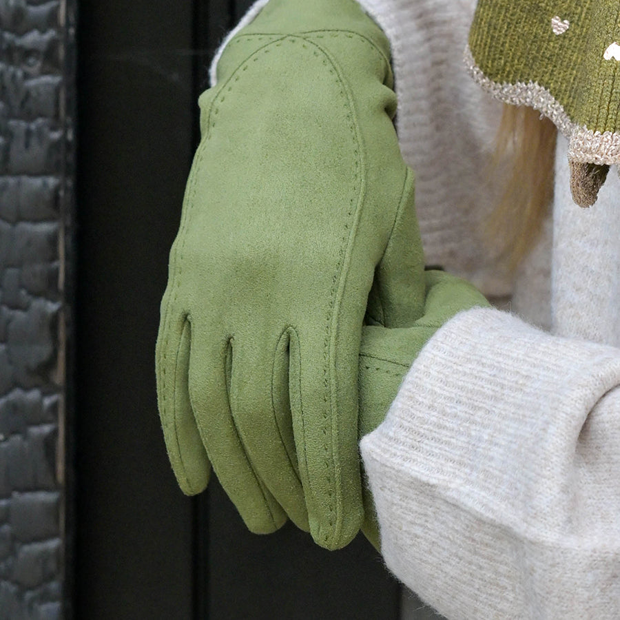 Olive faux suede stitch detail gloves