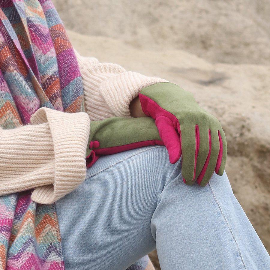 Olive and fuchsia contrast faux suede gloves