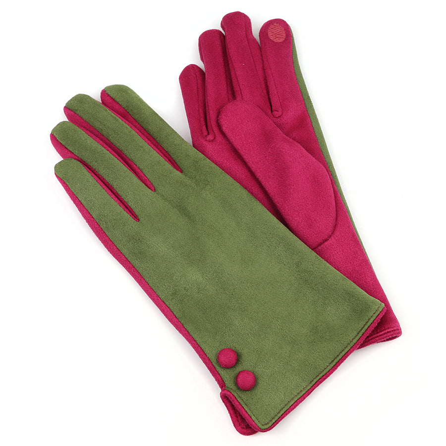 Olive and fuchsia contrast faux suede gloves