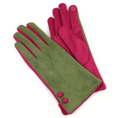 Olive and fuchsia contrast faux suede gloves