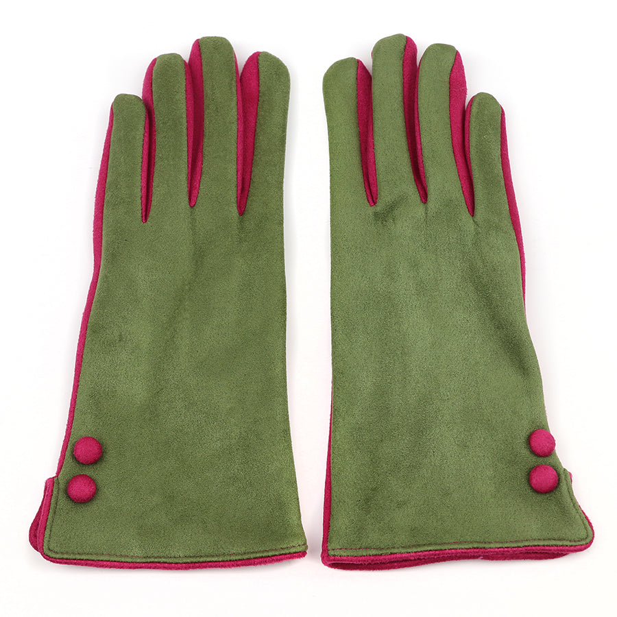 Olive and fuchsia contrast faux suede gloves