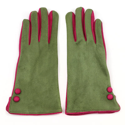 Olive and fuchsia contrast faux suede gloves