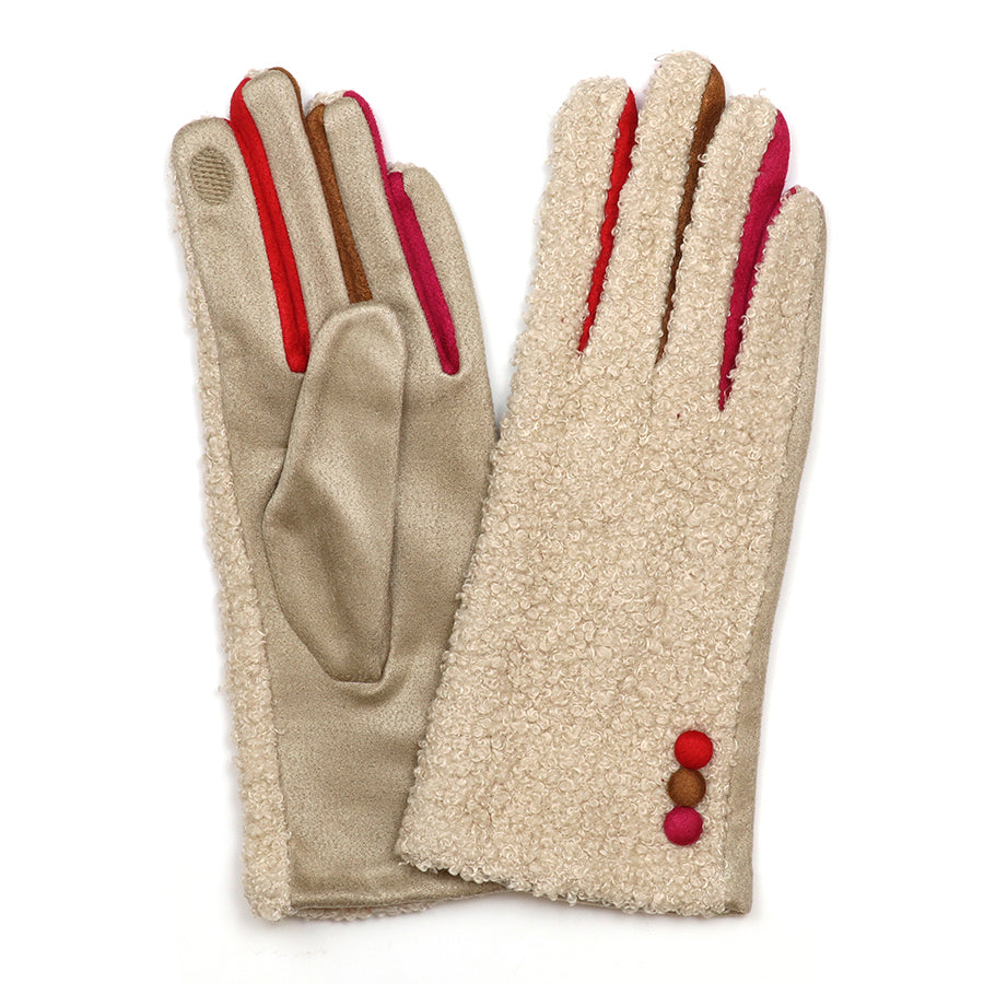 Bergen Fleece and faux suede beige mix button gloves