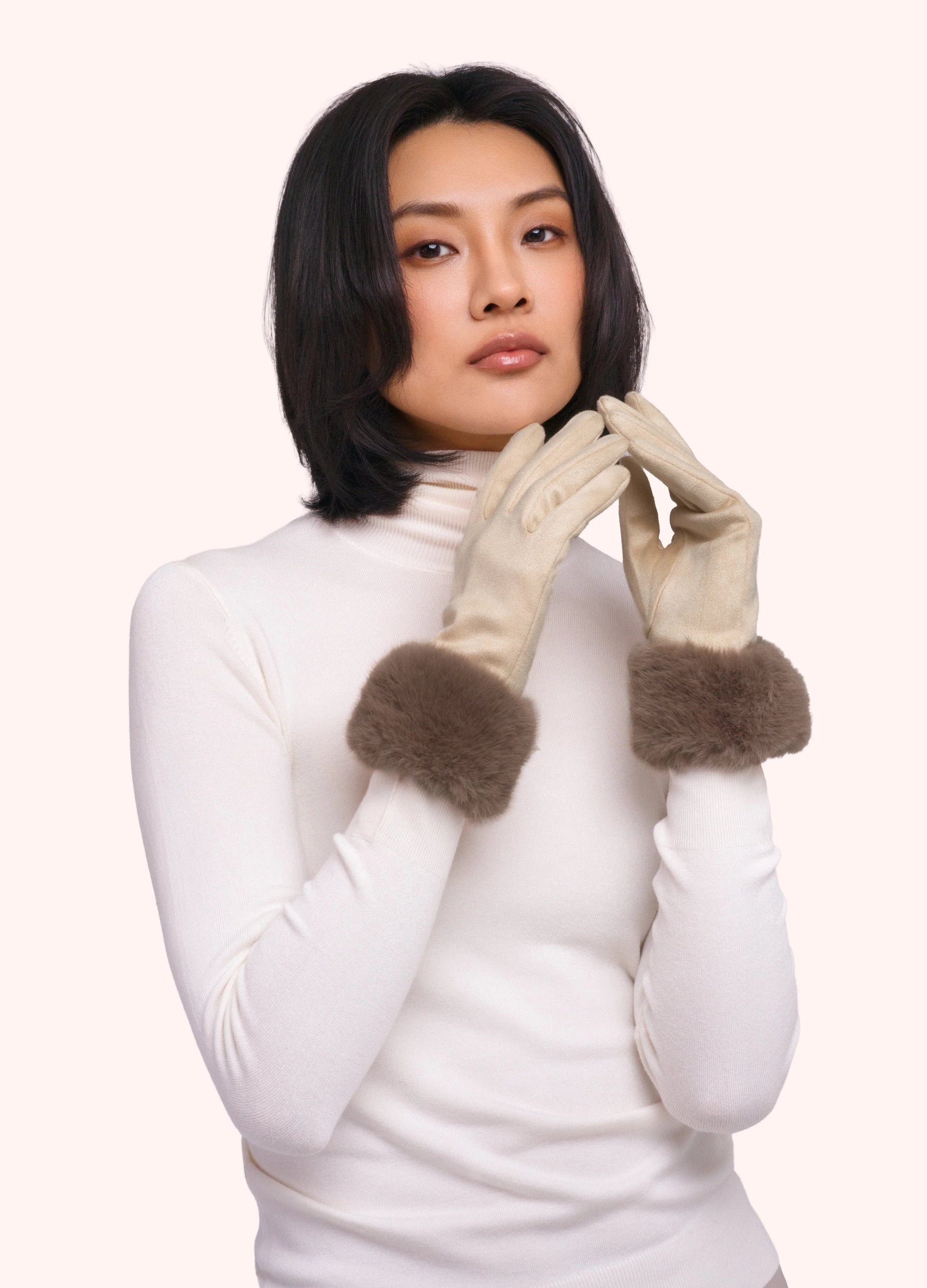 Bettina Faux Suede/Fur Gloves, Cream