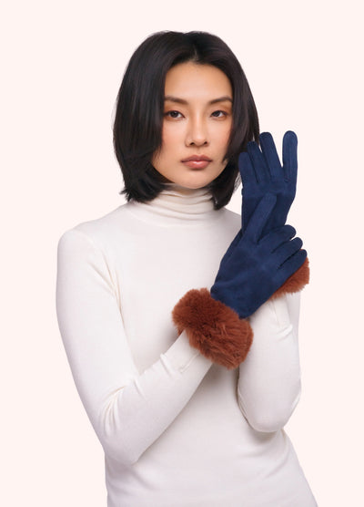 Bettina Faux Suede/Fur Gloves, Navy