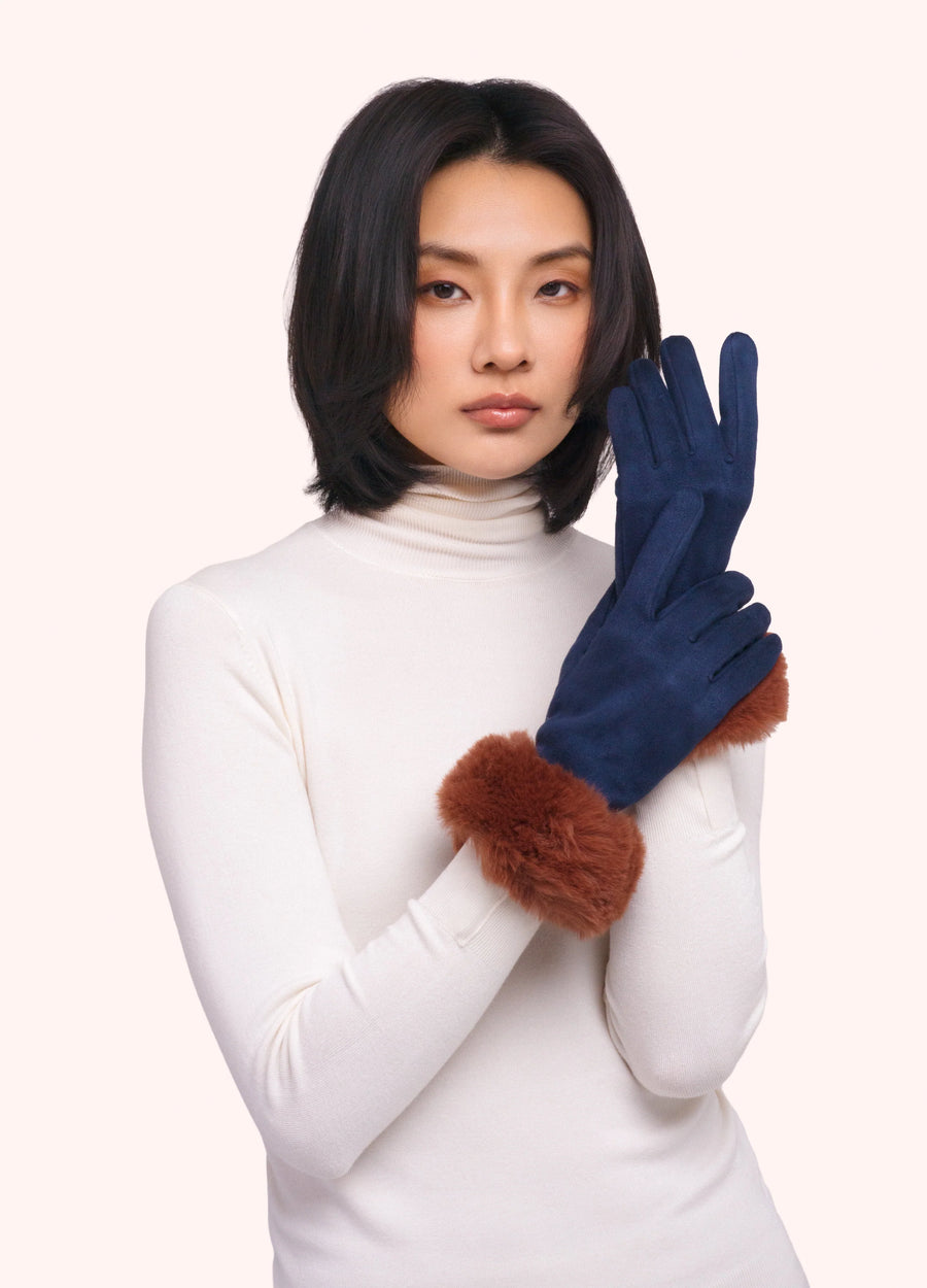 Bettina Faux Suede/Fur Gloves, Navy