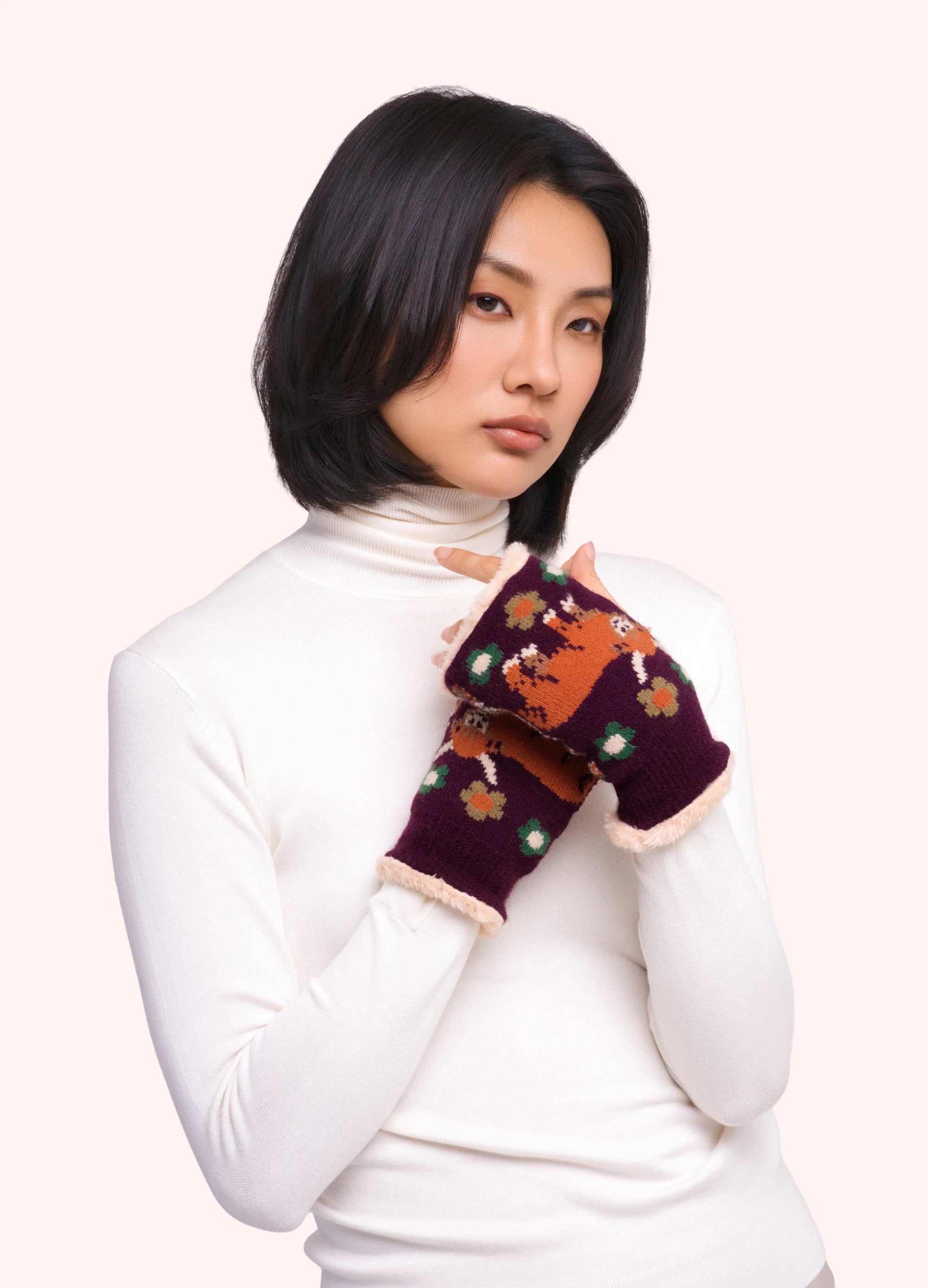 Highland Cow Wrist Warmers, Damson
