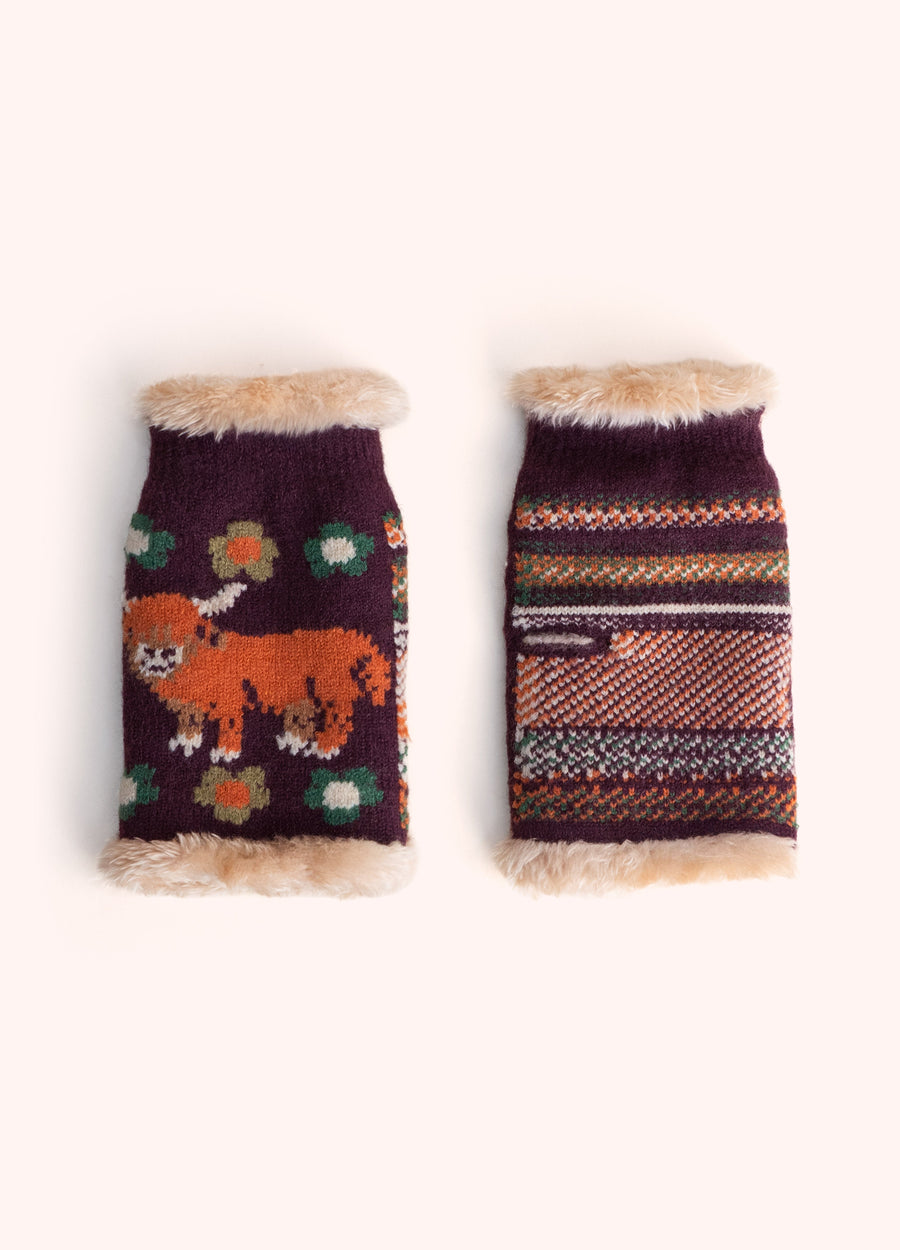 Highland Cow Wrist Warmers, Damson