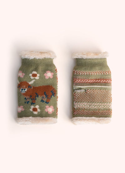 Highland Cow Wrist Warmers, Moss