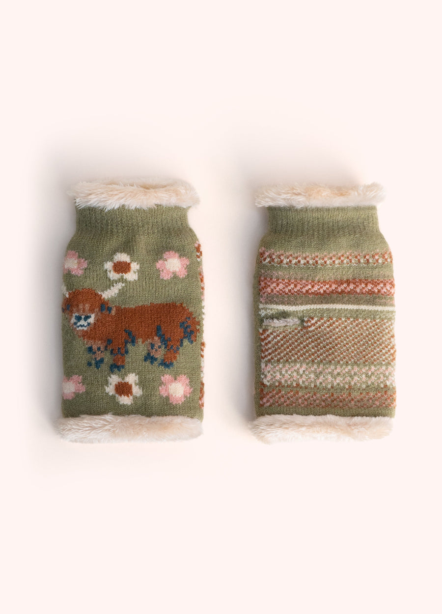 Highland Cow Wrist Warmers, Moss