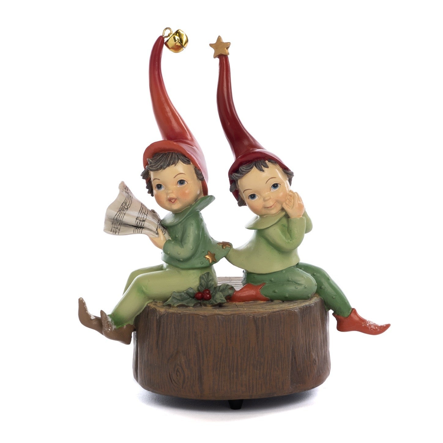 XMAS HELPER PIXIES ON TRUNK BRWN/GRN 19CM