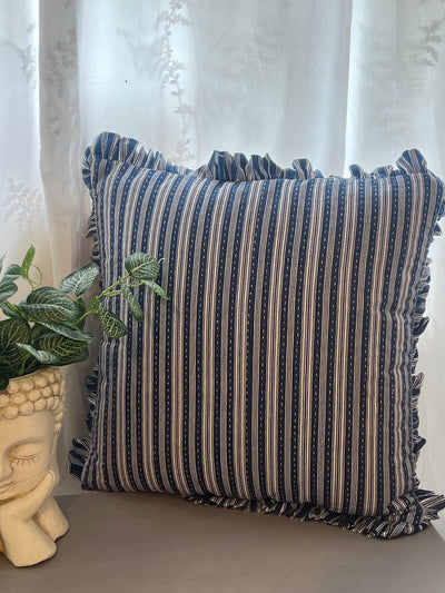 Blue Stripe Kantha Frill Cotton Cushion