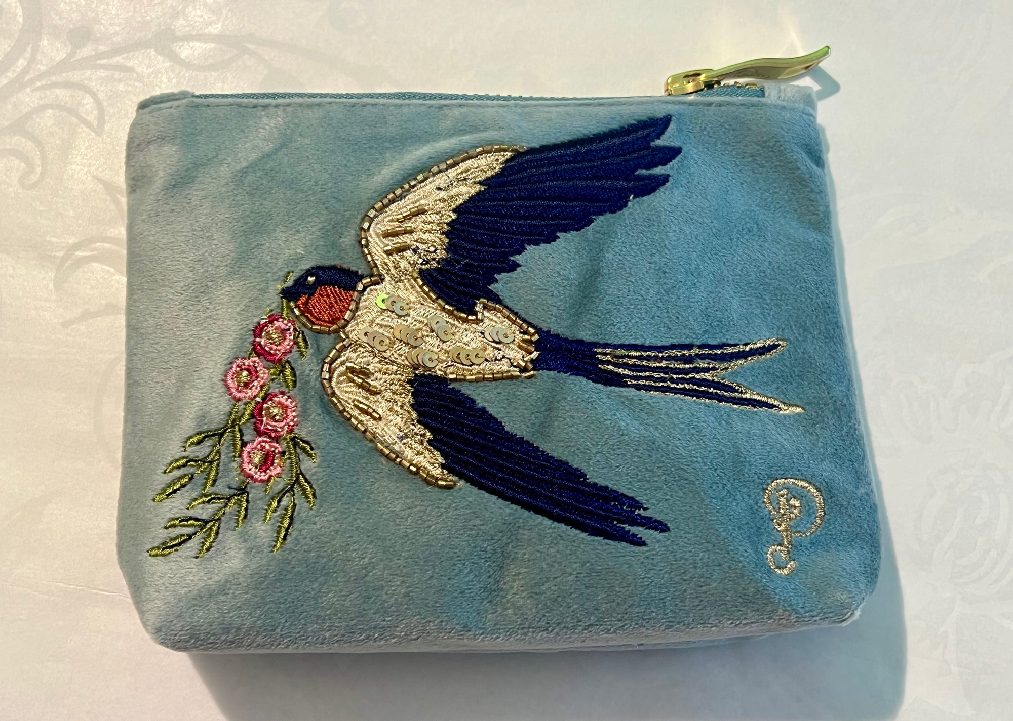 Velvet Zip Pouch - Swooping Swallows