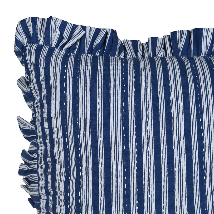 Blue Stripe Kantha Frill Cotton Cushion