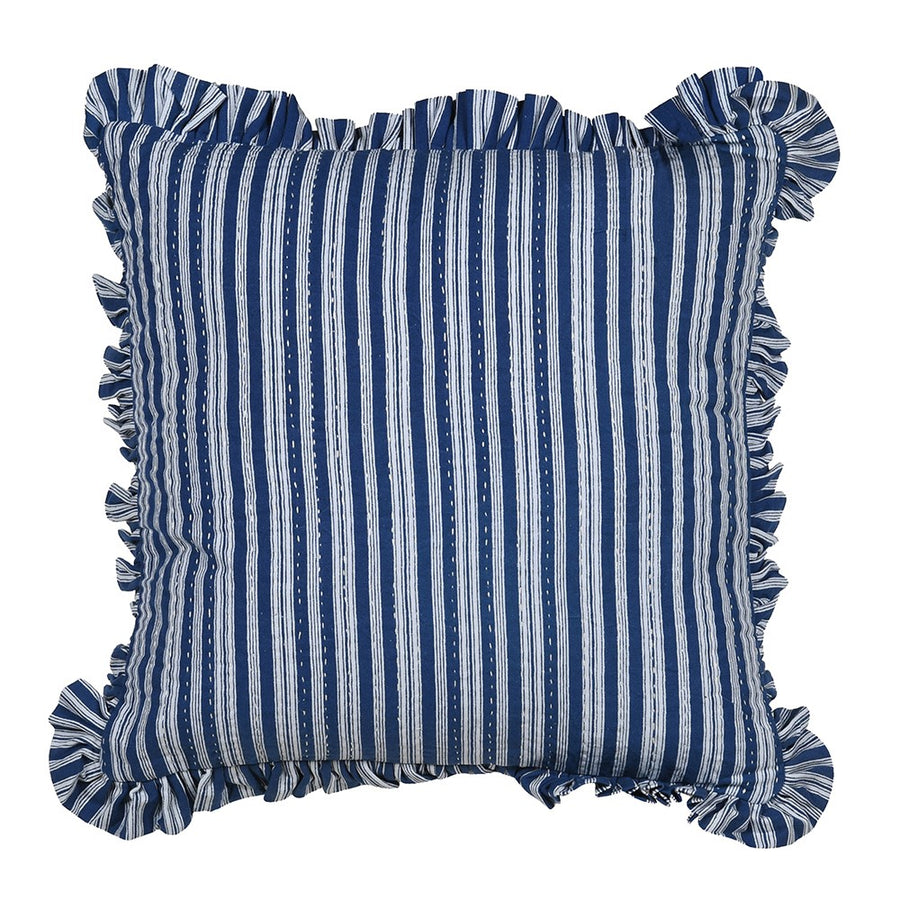 Blue Stripe Kantha Frill Cotton Cushion