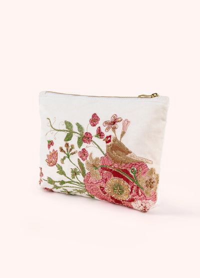 M/Size Velvet Embroid Zip Pouch-Goldfinch
