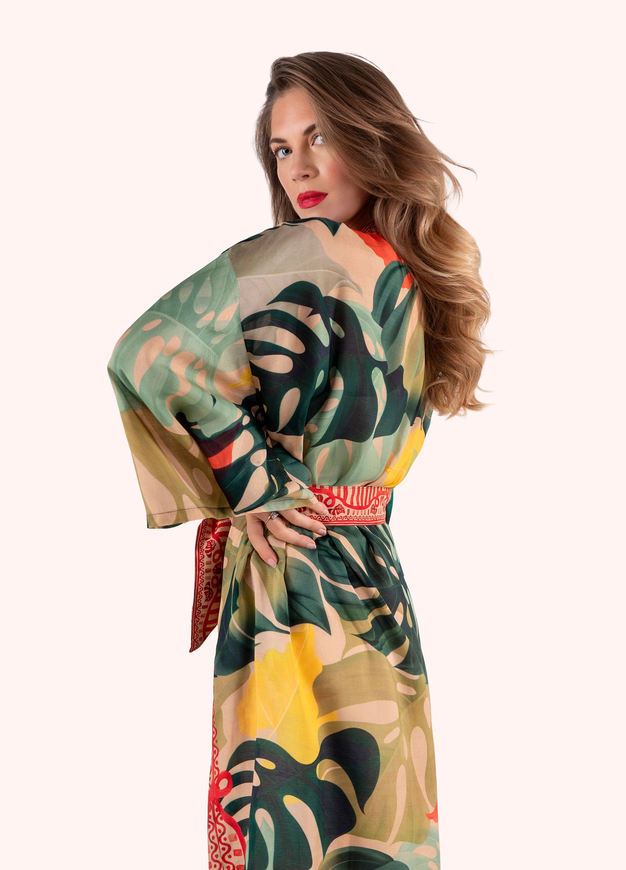 Exotic Leaves Modal/Cupro Long Kimono  Gown