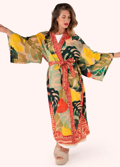 Exotic Leaves Modal/Cupro Long Kimono  Gown
