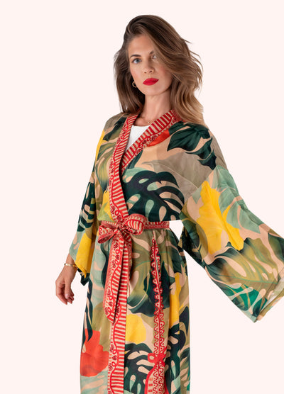 Exotic Leaves Modal/Cupro Long Kimono  Gown