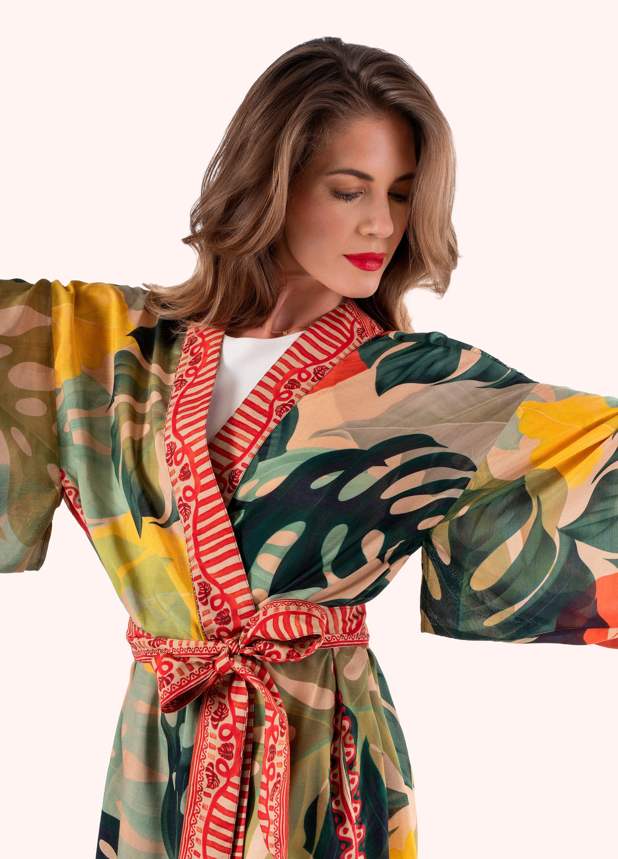 Exotic Leaves Modal/Cupro Long Kimono  Gown