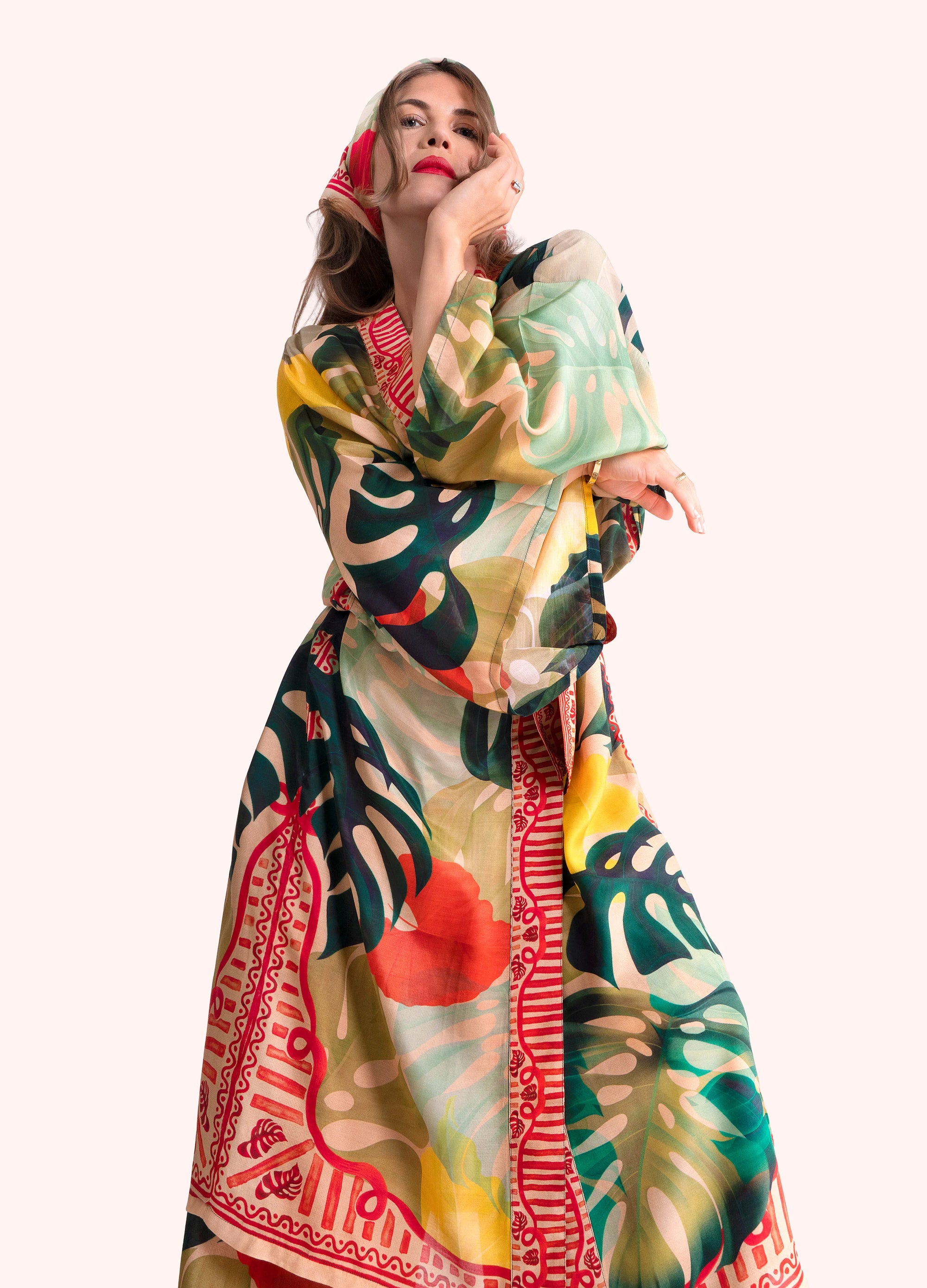 Exotic Leaves Modal/Cupro Long Kimono  Gown