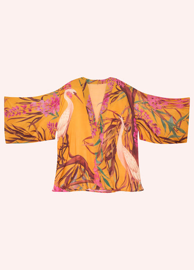 Kimono Jacket - Oriental Crane - Ochre