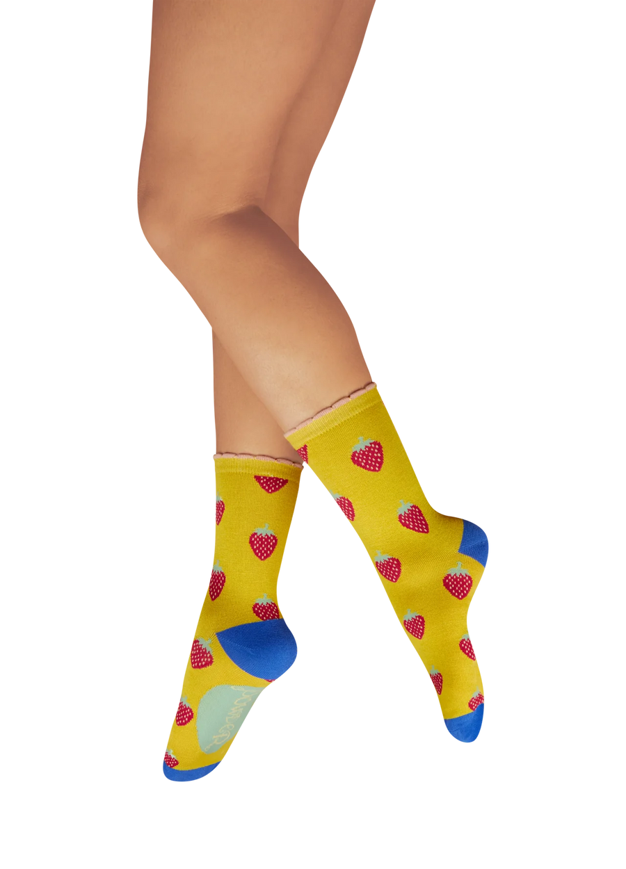 Ladies' Ankle Socks - Succulent Strawberries - Mustard